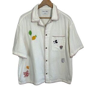 Disney x Old Navy Mens L Camp Shirt White Embroidered Linen Blend Mickey Mouse
